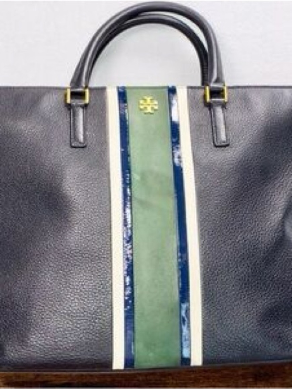 Tory Burch Navy Leather Tote with Green Suede and White Trim